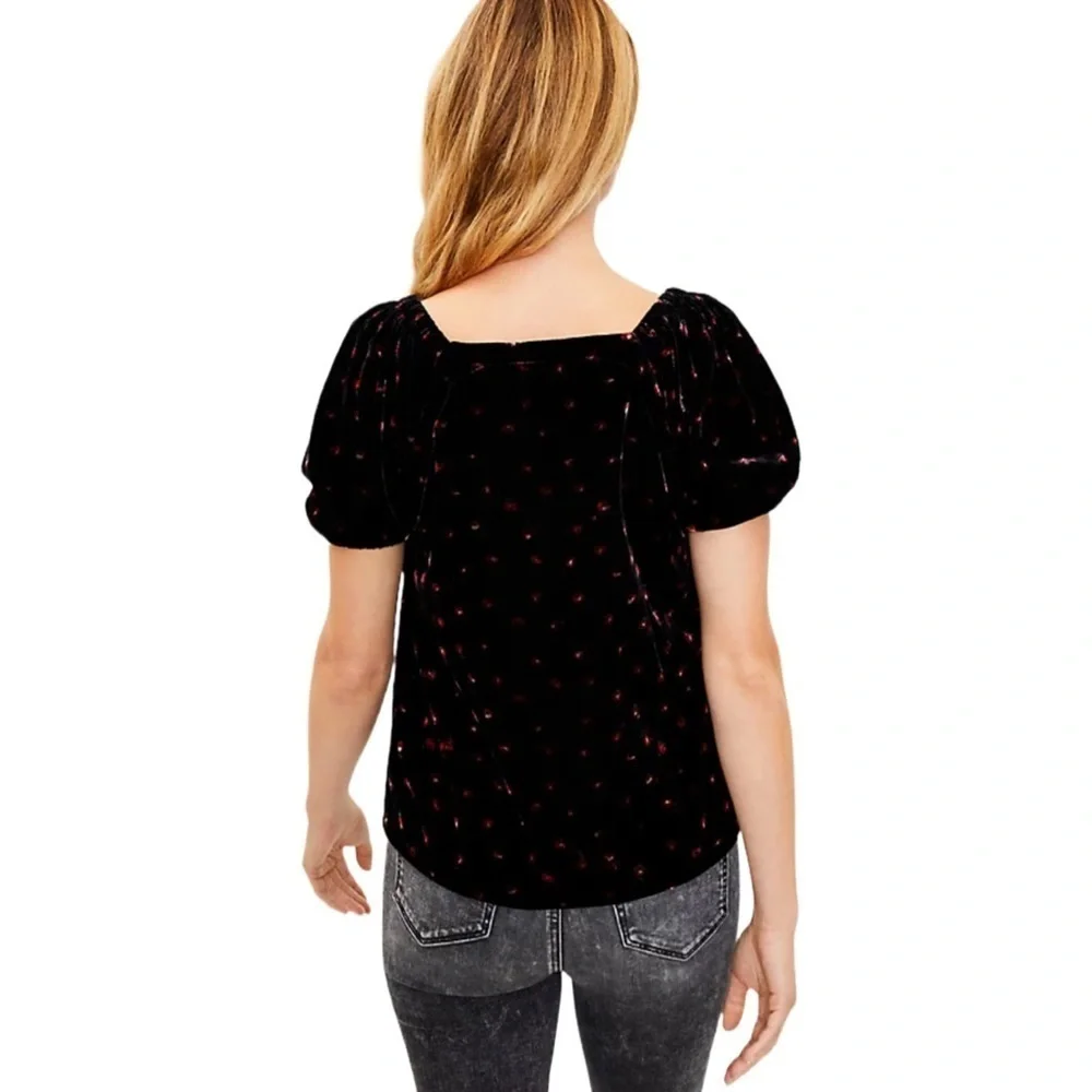 Ann Taylor Loft Velvet Floral Puff Sleeve V-Neck Blouse Black Red Size Medium - Picture 3 of 11